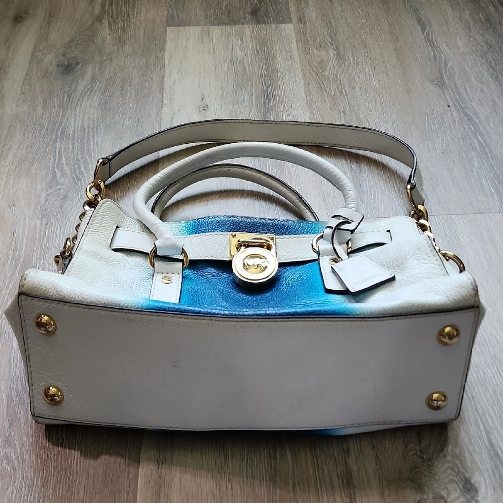 MICHAEL KORS HAMILTON SPRAY WHITE/ SUMMER BLUE EW SATCHEL  LEATHER HANDBAG PURSE